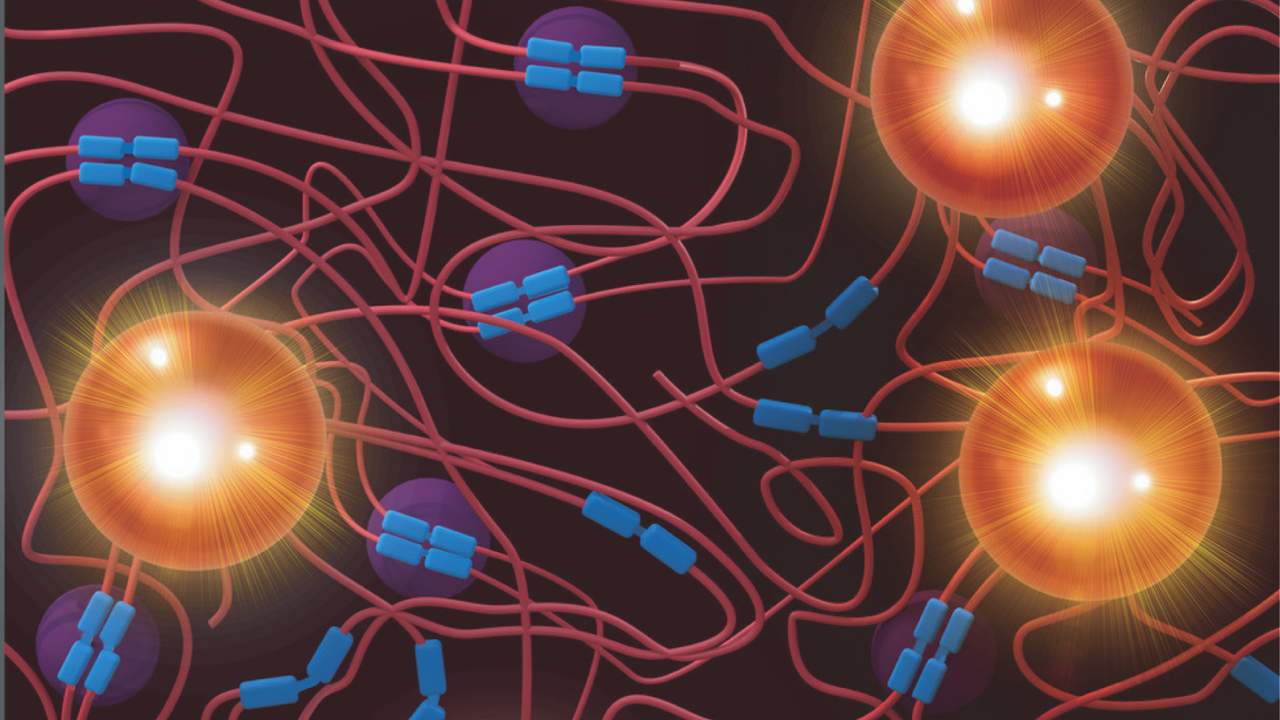 An illustration of THDBT (tetrahydroxy deoxybenzoin triazole) filler aggregates at the molecular level. In this “slow chaos” state, there are fewer vibrational pathways available for heat transport, resulting in lower thermal conductivity. Reproduced from Materials Horizons with permission from the Royal Society of Chemistry.